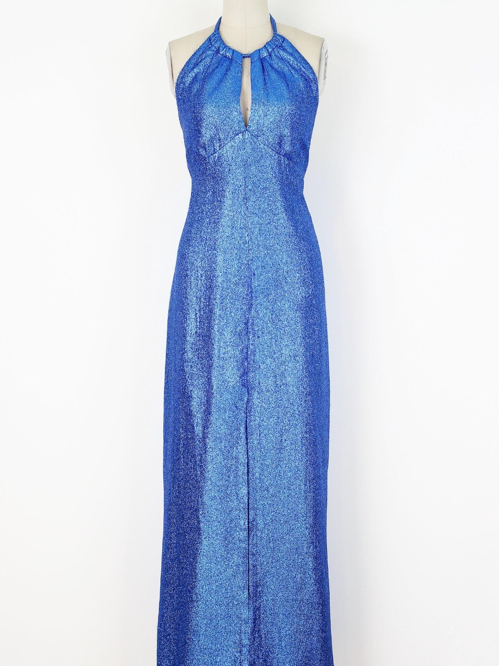 Vintage 70s Electric Blue Halter Maxi Dress - Picture 2 of 8